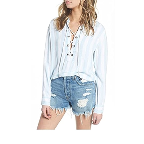 Rails ULI Lace-up Top in Block Stripe - Blue White with rope ties - Picture 1 of 11